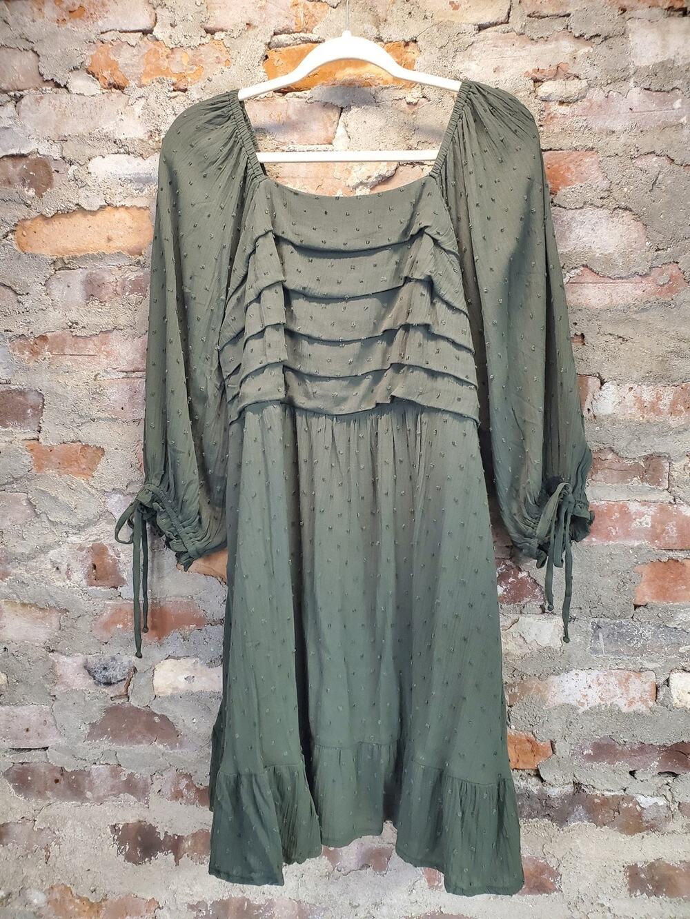 City Chic Womens Dress XXS Olive Green Long Sleeve Square Neck Ruffle Tiered